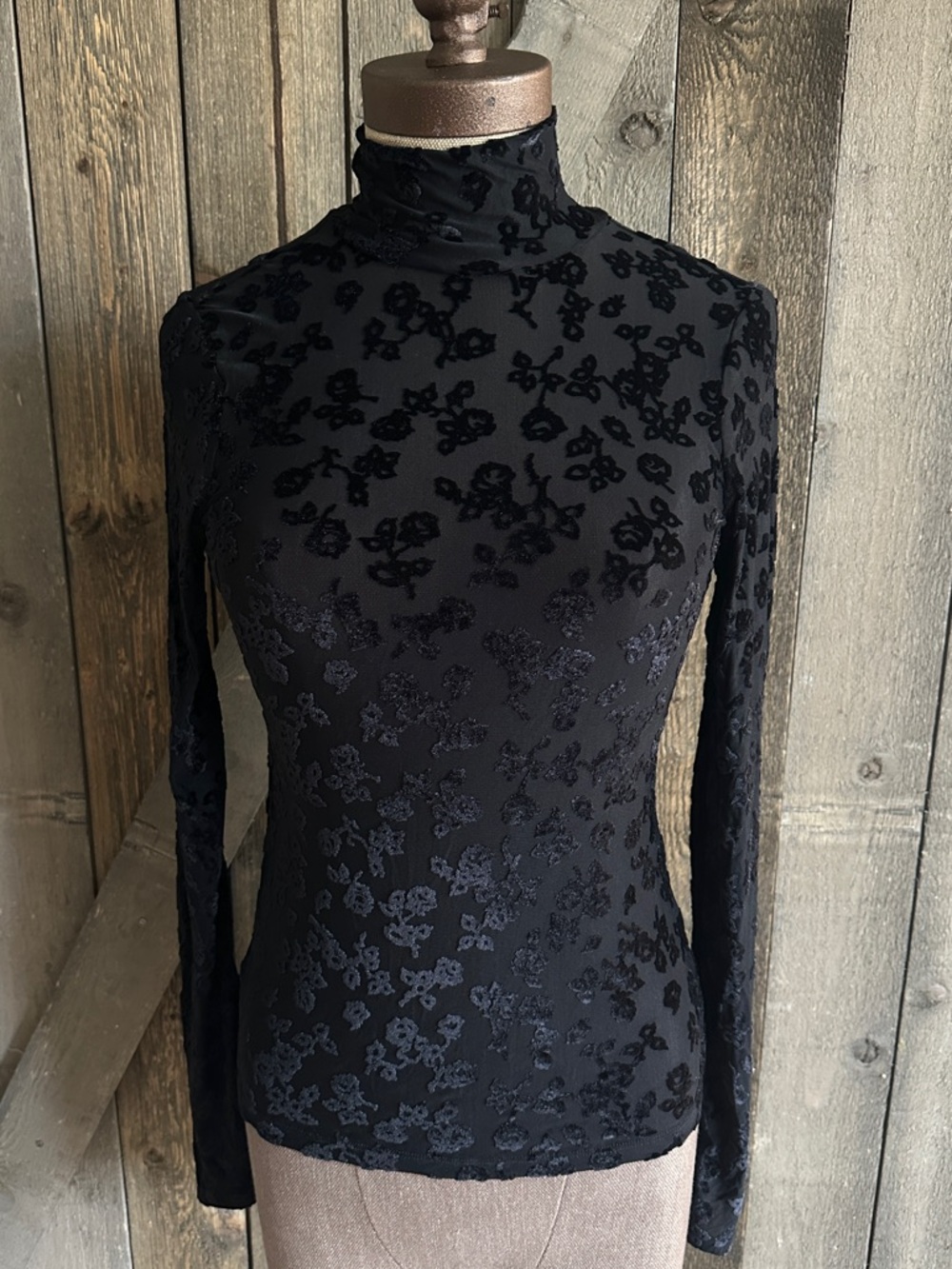 PAIGE Black Velvet Burnout Sheer Mesh Mockneck Fitted Long Sleeve Top Size XS